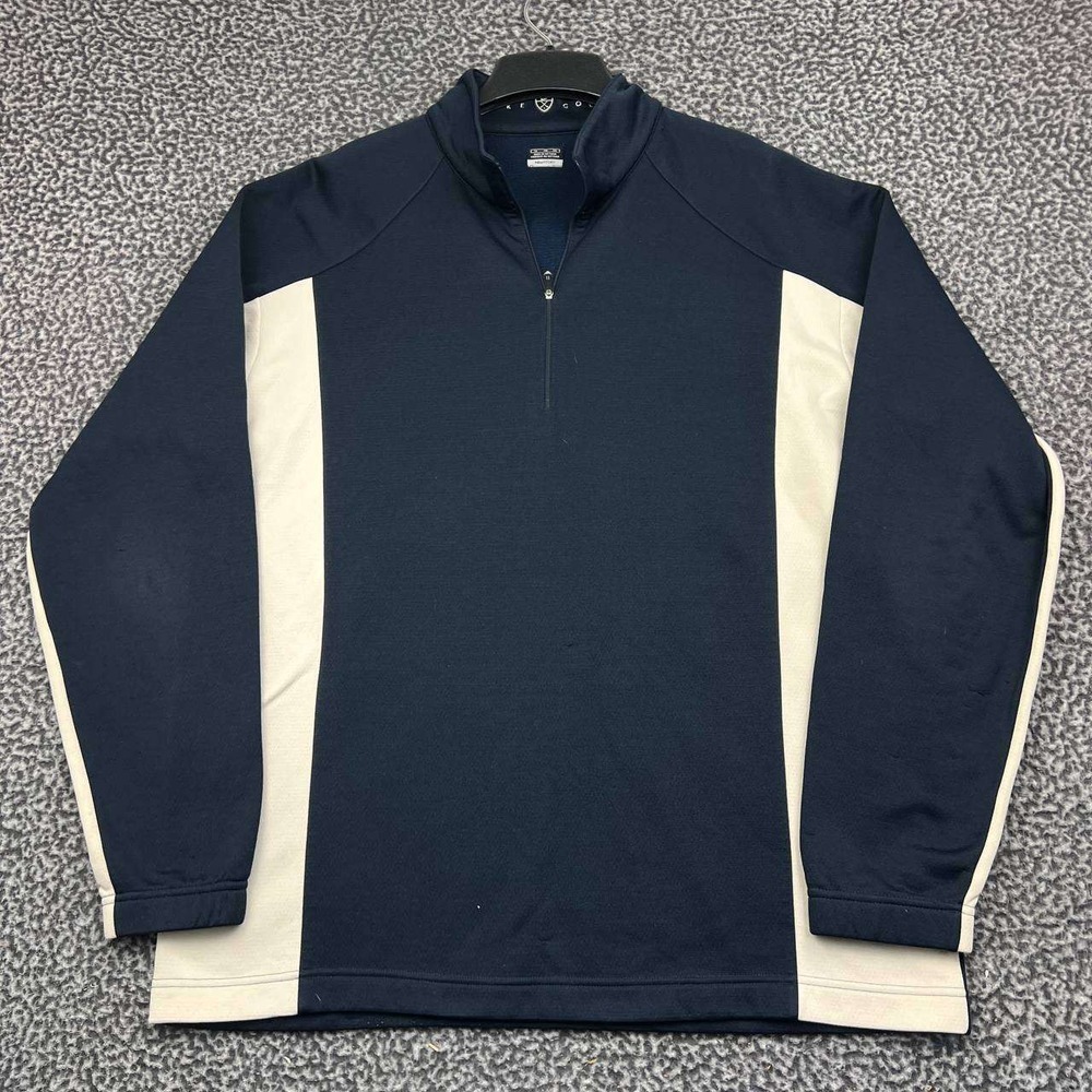 Nike Golf Sweater Men XL Navy Blue Beige Quarter Zip Fit Dry Fleece Pullover